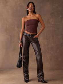 SHEIN BAE 女士纯色简约长裤，休闲日常穿着 - 咖啡棕 - 查看 5