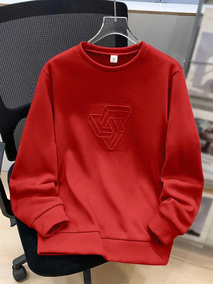 SHEIN 青少年男童休闲宽松舒适百搭纯色压纹图案圆领卫衣 - 紅色 - 查看 1