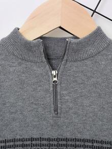 SHEIN 复古图案宽松长袖半拉链毛衣，适合青少年男孩 - 灰色 - 查看 6