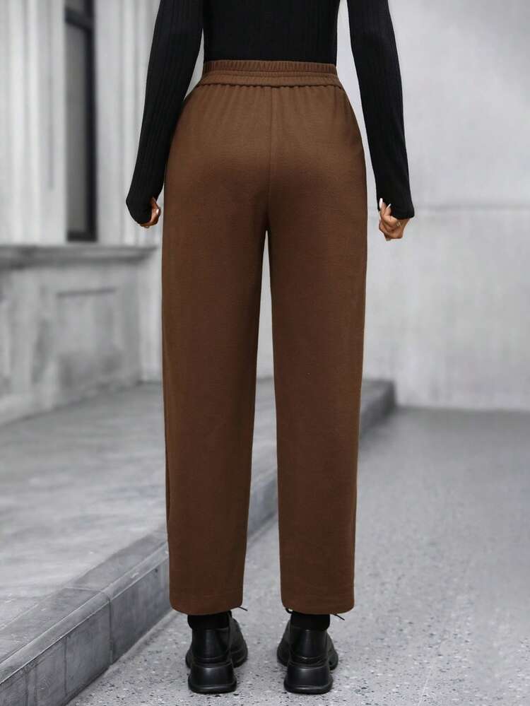Women's Solid Color Elastic Waist Pocket Tapered Casual Pants, Versatile Brown Pants Winter Clothes For Women Brown Pants For Women Elastic Waist Pants Women Casual Pants High Waist Pants Woman Tall Pants Loose Pants