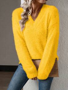 SHEIN LUNE Sweater Rajut Wanita Warna Kuning dengan Kerah V dan Bulu Cerpelai, Minimalis dan Serbaguna - Kuning - View 5