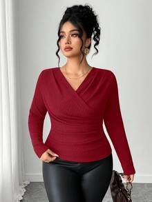 Dazy Plus V-Neck Ribbed Tight Fitted Long Sleeve Plus Size Women's Cropped T-Shirt, Spring/Autumn - Burgundy - View 5