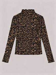 SHEIN EZwear 大码女式休闲豹纹印花卷边袖口和领口长袖T恤，秋冬 - 彩色 - 查看 2