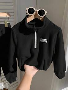 SHEIN 2 件套年轻男童休闲简约服装，羊毛加厚，适合秋冬季 - 黑色 - 查看 7
