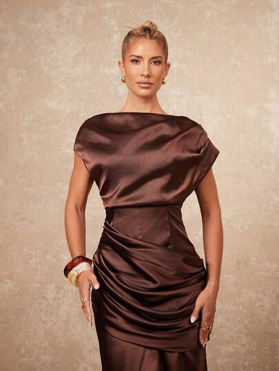 Lumalex VITNOS Elegante High End New Deep Rust Bruin Satijnen Pleated Dress, Chocolate 's Eve Outfit Women, mal Dresses Verleidelijke Vacation Holiday Semi Fall Luxe Dress able This Outfit, Gala Night, Chic Looks Of Weekend Glamour Work Delicate Romance, Enchanted Romance Gown, Draped Business Prom Graduation Dates, Going Out, Night Weddings, Holiday, Vacation, Birthday, Commute view 4