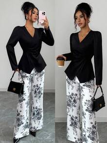 Elenzga Set elegant de 2 piese pentru femei, toamnă/iarnă, cu top cu curea și pantaloni imprimați, potrivit pentru întoarcerea la școală, Ziua Recunoștinței, ținută de profesor, zilnic, naveta, întâlnire, ceai de după-amiază - Multicolor - Vizualizare 1