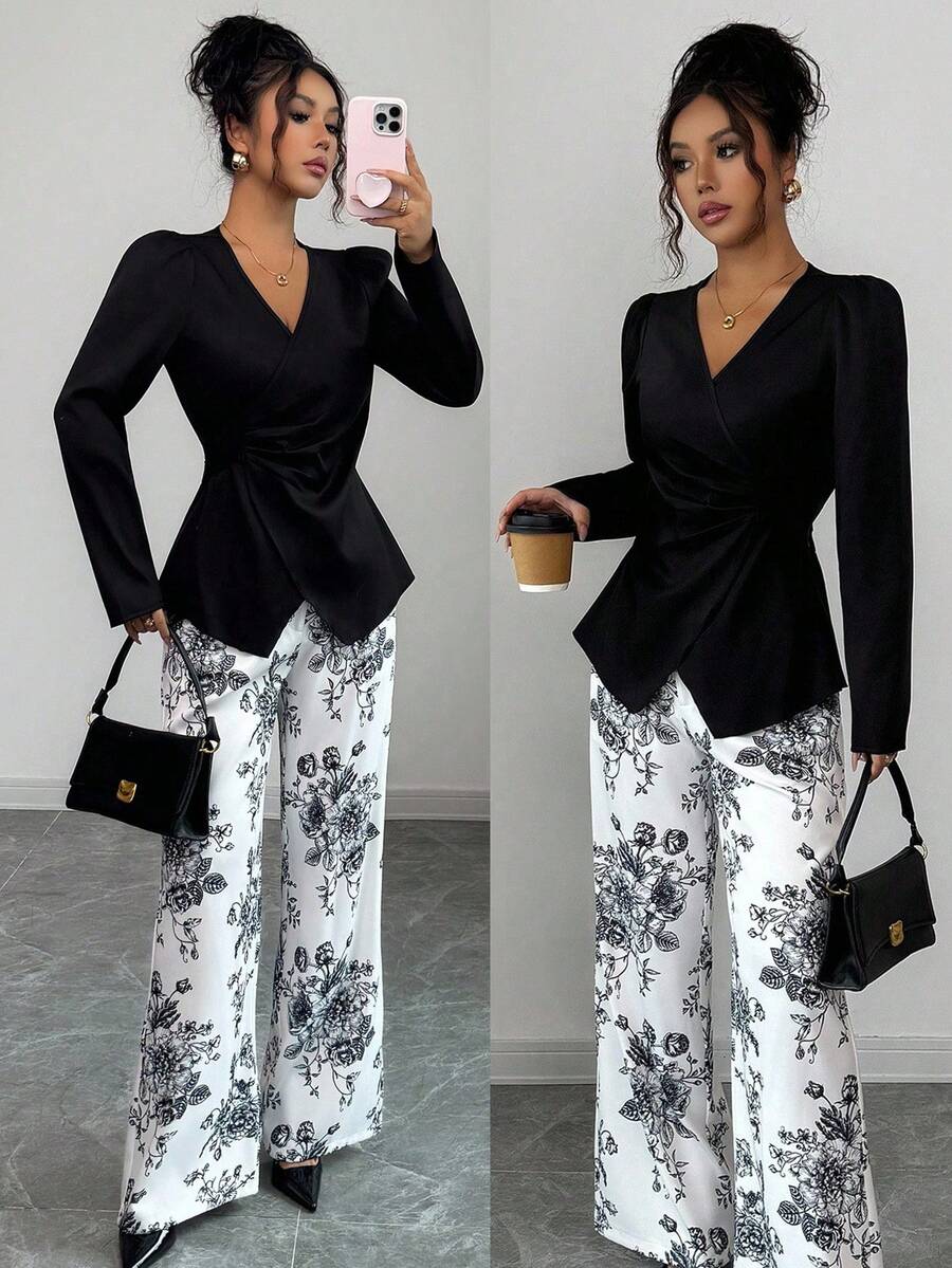 Elenzga Set elegant de 2 piese pentru femei, toamnă/iarnă, cu top cu curea și pantaloni imprimați, potrivit pentru întoarcerea la școală, Ziua Recunoștinței, ținută de profesor, zilnic, naveta, întâlnire, ceai de după-amiază - Multicolor - Vizualizare 1