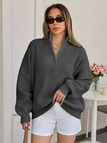 Cloudara Soft Knit Half Zip Sweater Women – Cozy Casual Fall Fashionable Long Sleeve Pullover With Zipper Collar, Minimalist Solid Color Oversize Knitwear Top, Lightweight Ribbed Knit Jumper For Autumn & Winter Layering - Dark Grey - View 4