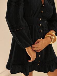 Aralina Lace Luxury Insert Long Sleeve Button Up Ruffle Hem Elegant Mini Shift Shirt Dress Thanksgiving Valentine Christmas Festival Sexy Elegant Cosy Chic - Black - View 7