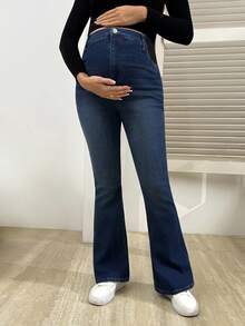 SHEIN Umstandsjeans mit Kontrastfarbe, Tasche und schmalem Bein mit Schlag - Dunkle Waschung - Übersicht 3