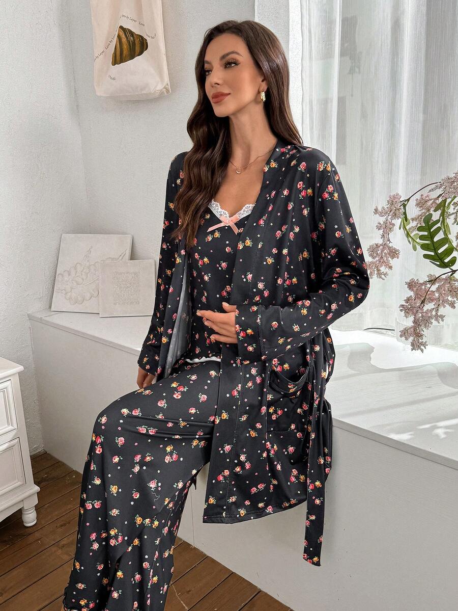SHEIN 3pcs Women Ditsy Floral Sleepwear Set - Camisole, Pants, And Robe - Multicolor - View 1