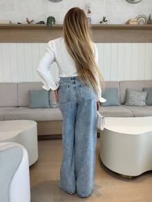 Cioccolato 女士水钻装饰低腰阔腿蓝色牛仔裤，Y2K 音乐节 - 淺色水洗藍 - 查看 4