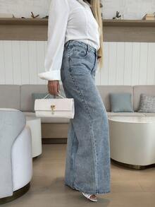 Cioccolato 女士水钻装饰低腰阔腿蓝色牛仔裤，Y2K 音乐节 - 淺色水洗藍 - 查看 6