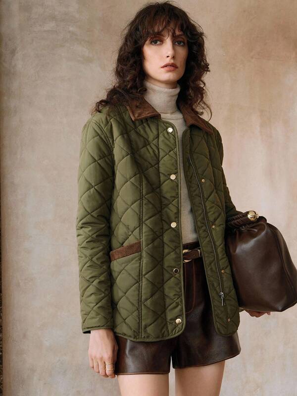 Arave Abrigo acolchado con patrón de rombos clásico de terciopelo de algodón, estilo europeo y americano, para otoño/invierno