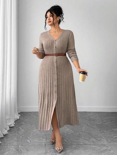 SHEIN PETITE CURVE 1pc Women Plus Size V-Neck Button Decor Front Slit Long Sleeve Fitted Elegant Sweater Dress
