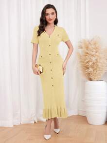 Modelyn Burgundy Red Women's Solid V-Neck Short Sleeve Single-Breasted Maxi Elegant Knitted Sweater Dress - Light Yellow - View 4