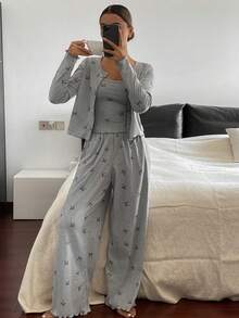 DAZY 3pcs Bow Print Allover Print Camisole Top & Pants & Button Placket Top Women Pajama Set, Fall & Winter Clothes