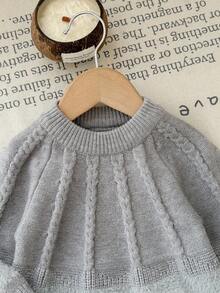 SHEIN Cable Knit Striped Fuzzy Crew Neck Pants Set - Grey - View 3