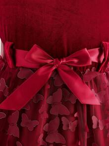 Glamorique Kids Elegancka dziewczęca sukienka z okrągłym dekoltem i długim rękawem, aksamitna, z uroczą kokardką 3D i siateczką na dole, odpowiednia na Boże Narodzenie, przyjęcia świąteczne i do noszenia na co dzień, w kolorze czerwonym, jesień/zima/wiosna - Burgund - Zobacz 6