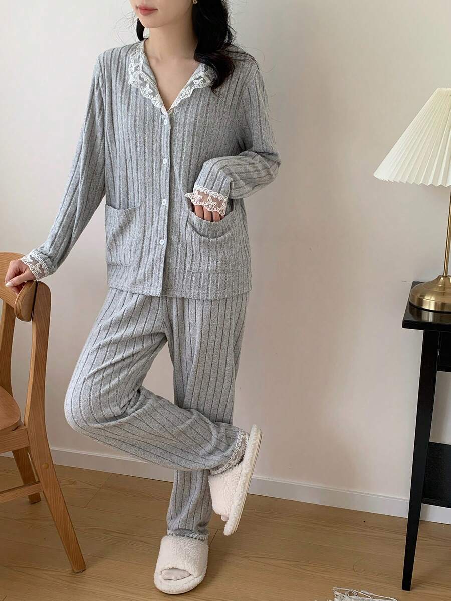 2 Stücke Bequemer Lässig Gerippter Flauschiger Kontrast Spitzenbesatz Langarm Top und Hose Pyjama Set für Teenager Mädchen - Hellgrau - Übersicht 1
