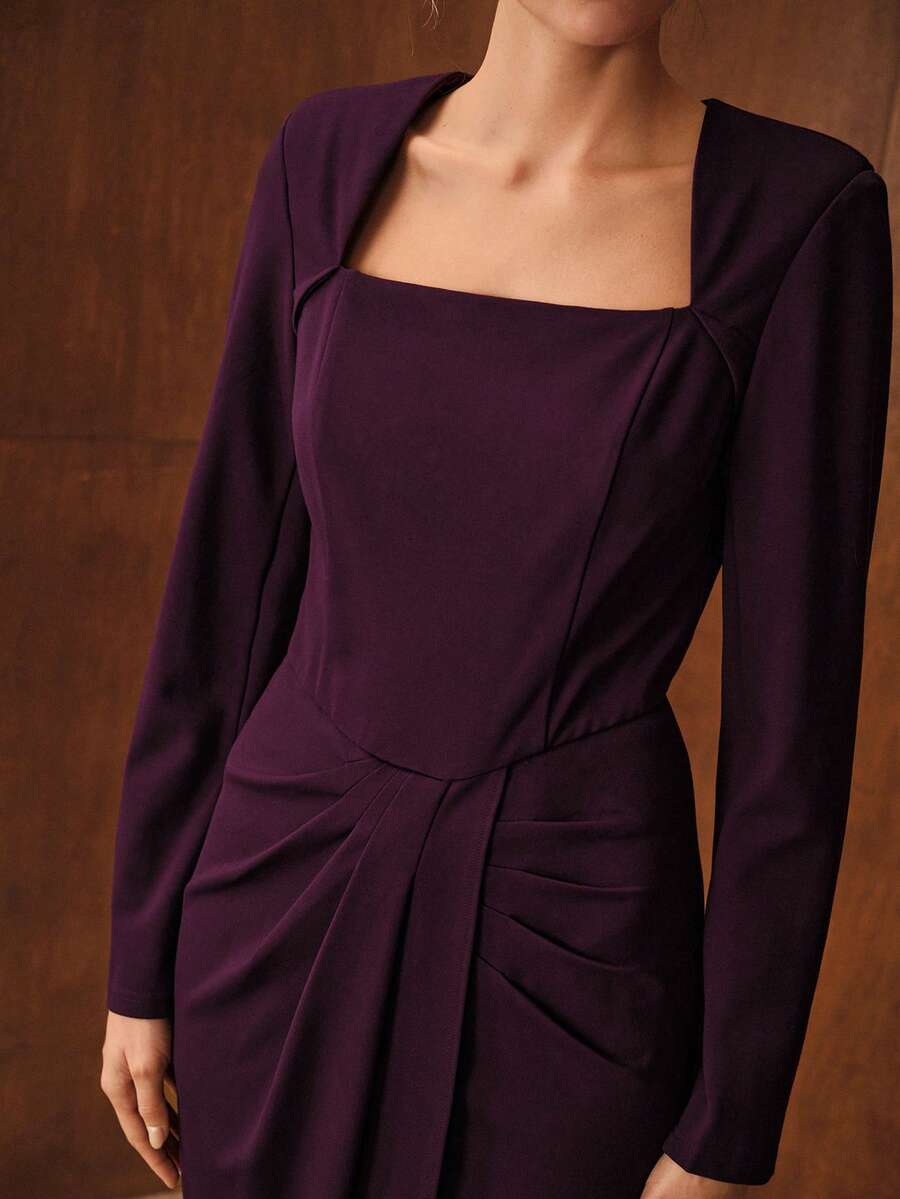 MOTF PREMIUM 女士修身挺括中长款长袖方领连衣裙 - 紫色 - 查看 2