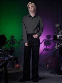 ROMWE MEN Goth Camisa casual de manga larga, de un solo pecho y de unicolor para hombres - Gris - Ver 5