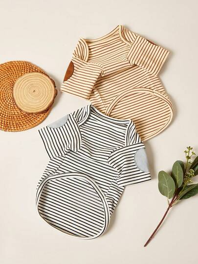 PETSIN 1 件宠物猫狗通用圆领长袖经典条纹针织黑杏色弹力舒适基础时尚帅气狗狗 T 恤