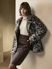 SHEIN LUNE Leopard Print Double-Breasted Pockets Faux Fur Long Sleeve Jacket, Autumn/Winter Mordern Party Winter Clothes For Women Winter New Year - Army Green - View 6