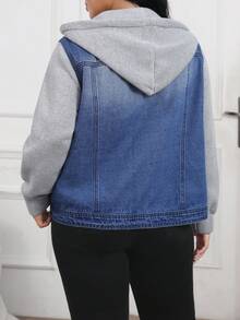 EMERY ROSE Plus Size Casual Patchwork Hooded Denim Jacket, Autumn - Blue - View 7