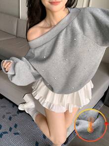DAZY Women's Rhinestone Embellished Off Shoulder Long Sleeve Sweatshirt, Solid Gray, Suitable For Autumn/Winter, Christmas & New Year - Grey - View 2