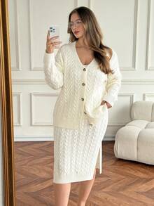 Vionelle 2pcs Set: Autumn/Winter Casual Twist Knit Sweater Jacket And Mini Skirt #ModestFashion