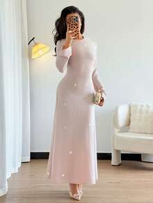 Chiquease Women's Party Dress, Sexy Backless Strappy Long-Sleeved Dress, Long Dress With Silver Thread Fabric, Christmas Party Dress. - Baby Pink - View 6