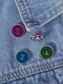 THE POWERPUFF GIRLS X SHEIN 3pcs Fluorescent Blossom, Bubbles, Buttercup Pattern Metal Brooch Set - Multicolor - View 2