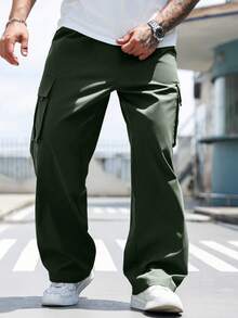 Manfinity Homme Plus Size Casual Loose Fit Cargo Style Pants, Versatile For Daily Wear - Green - View 5