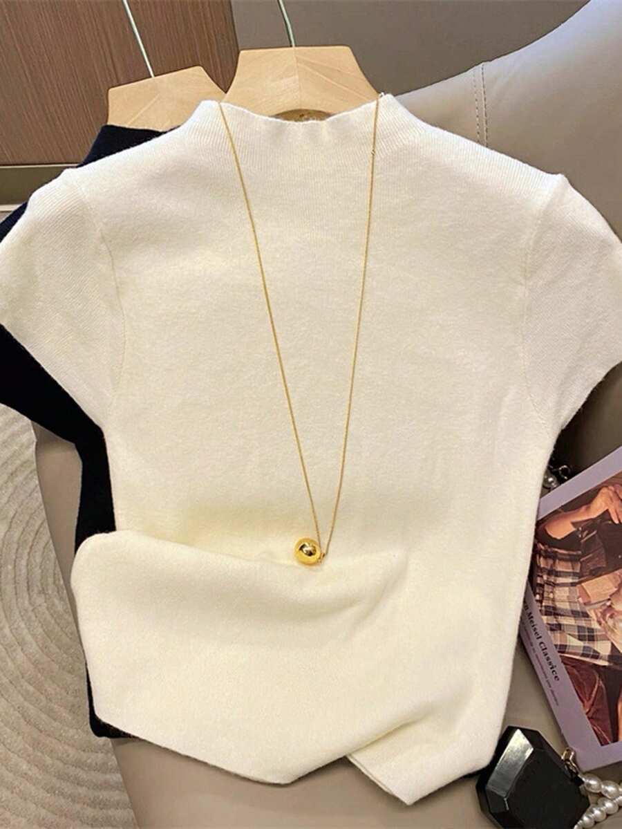 Franclia 女士纯色简约短袖毛衣，日常穿着 - 黑與白 - 查看 1