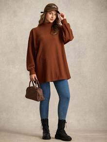 Zelara Áo thun tay dài cổ cao trễ vai màu trơn họa tiết mềm mại cỡ lớn, mùa thu - màu nâu - Xem 7