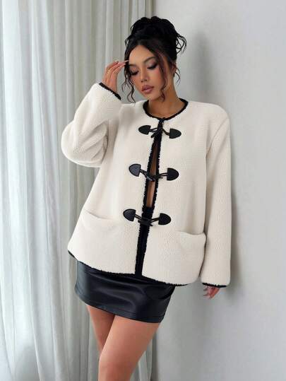 EURMUSE Women's Fashionable Loose Fit Contrast Trim Faux Shearling Toggle Coat With Classic Horn Button Closures, Two Front Pockets, And Minimalist Chic Design, Elegant Warm Outerwear For Autumn And Winter Daily Office And Street Style