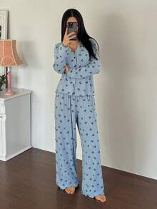 DAZY 2件套女士针织蝴蝶结印花睡衣套装，秋冬服装 - 藍色 - 查看 6