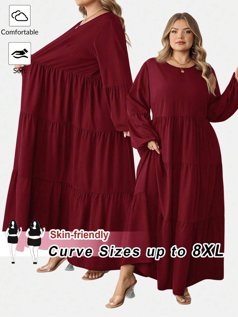 SHEIN CURVE+ Đầm Maxi dáng rộng tay phồng cổ tròn tay loe rộng rãi thời trang xuân hè cho nữ/Mùa thu/Mùa đông - Màu Đỏ Sâu - Xem 1