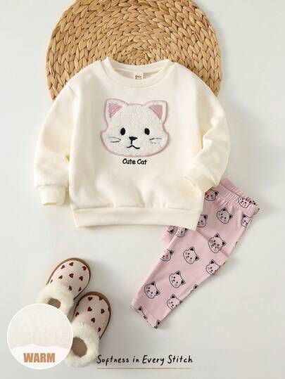 Cozy Pixies 2 piezas Conjunto de niña bebé con sudadera de cuello redondo de manga larga con estampado de conejo de dibujos animados y pantalones de cintura elástica, sudadera forrada térmica gruesa, adecuado para invierno, salidas, vacaciones, hogar. Conjunto de ropa de gato para bebé niña, conjuntos cálidos de bebé niña, ropa de bebé niña para primavera y otoño, conjuntos casuales de bebé