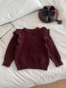 SHEIN Explorewe 可爱甜美荷叶边下摆纯色针织毛衣，适合小女孩穿着，百搭日常，秋冬季女童服装。可爱复古风毛衣，酒红色毛衣，荷叶边毛衣，女童针织毛衣，秋冬季女童服装，春秋季可爱服装，适合小女孩的秋冬季服装，女童服装，秋冬季女童毛衣，秋冬季女童服装，秋冬季女童套头衫 - 棕色 - 查看 3