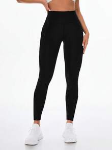 Exploreva Legging Wanita Warna Polos Pinggang Tinggi Tanpa Jahitan dengan Kantong - Hitam - View 4