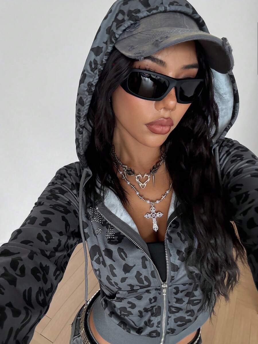 StreetHx 女士朋克风豹纹水钻装饰修身卫衣 - 深灰色 - 查看 1