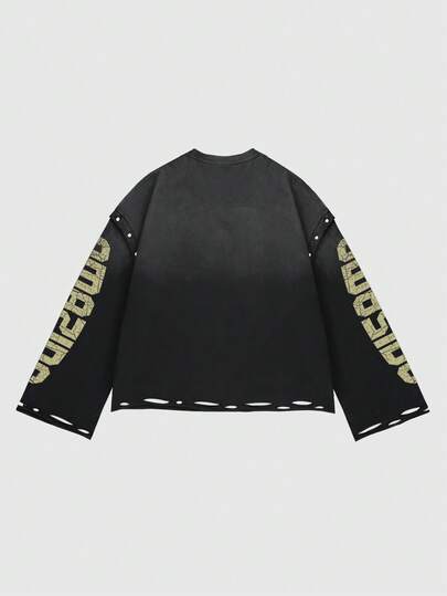 Camiseta de manga larga con estampado de figura callejera y efecto desgastado para hombre, corte holgado