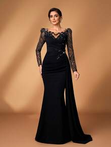 Serin Elegant Black Winter Formal Wedding Mermaid Dress,Luxurious Beaded Sequin Floral Applique Lace Patchwork Stretch Knit Ruched Gowns For Parties&Galas - Black - View 4