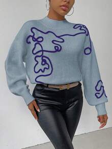 EMERY ROSE Women's Contrast Color Applique Stand Collar Casual Pullover Sweater - Blue - View 5