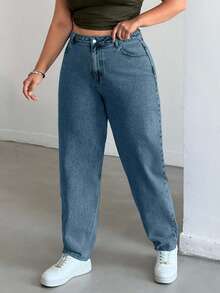 EURMUSE Quần jean ống rộng cạp cao đơn giản màu trơn dành cho nữ, mặc thường ngày - Rửa nhẹ - Xem 1