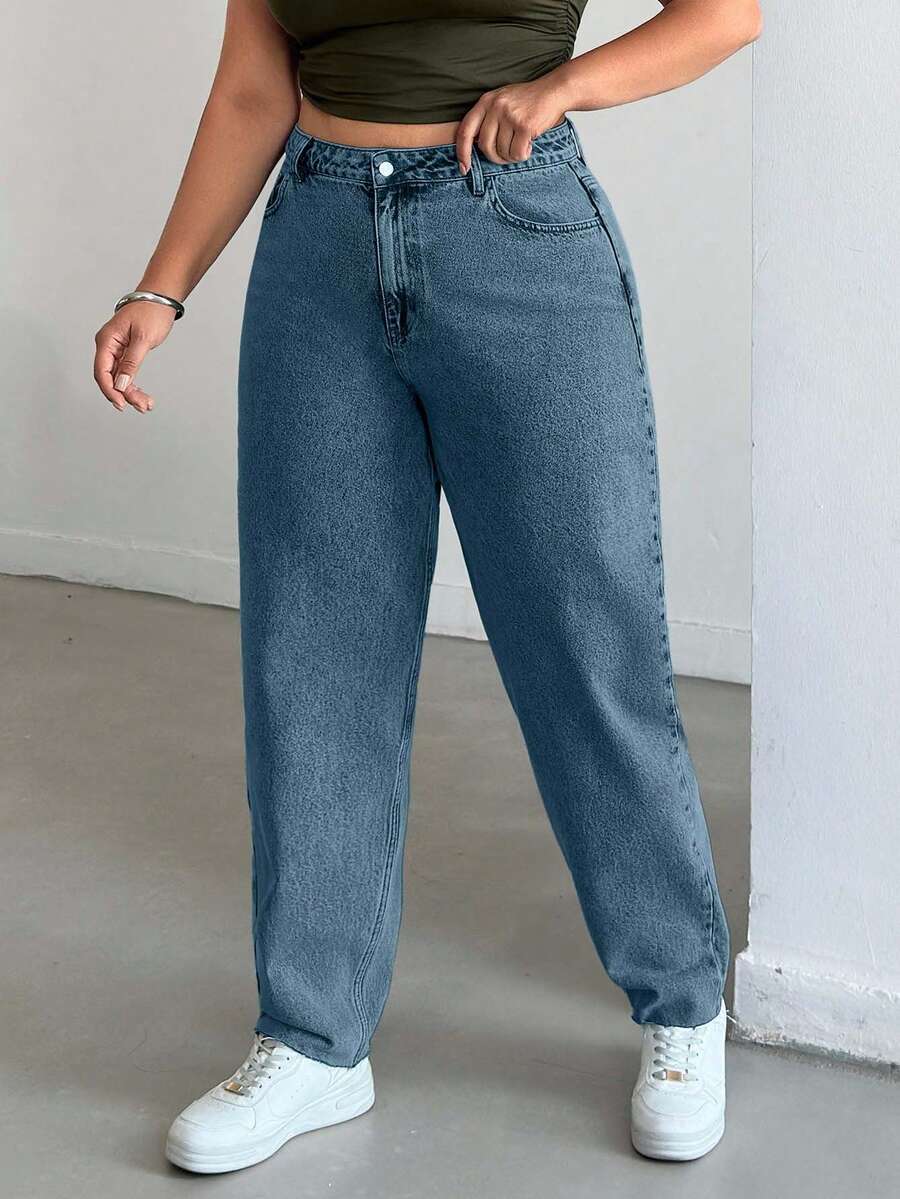 EURMUSE Quần jean ống rộng cạp cao đơn giản màu trơn dành cho nữ, mặc thường ngày - Rửa nhẹ - Xem 1