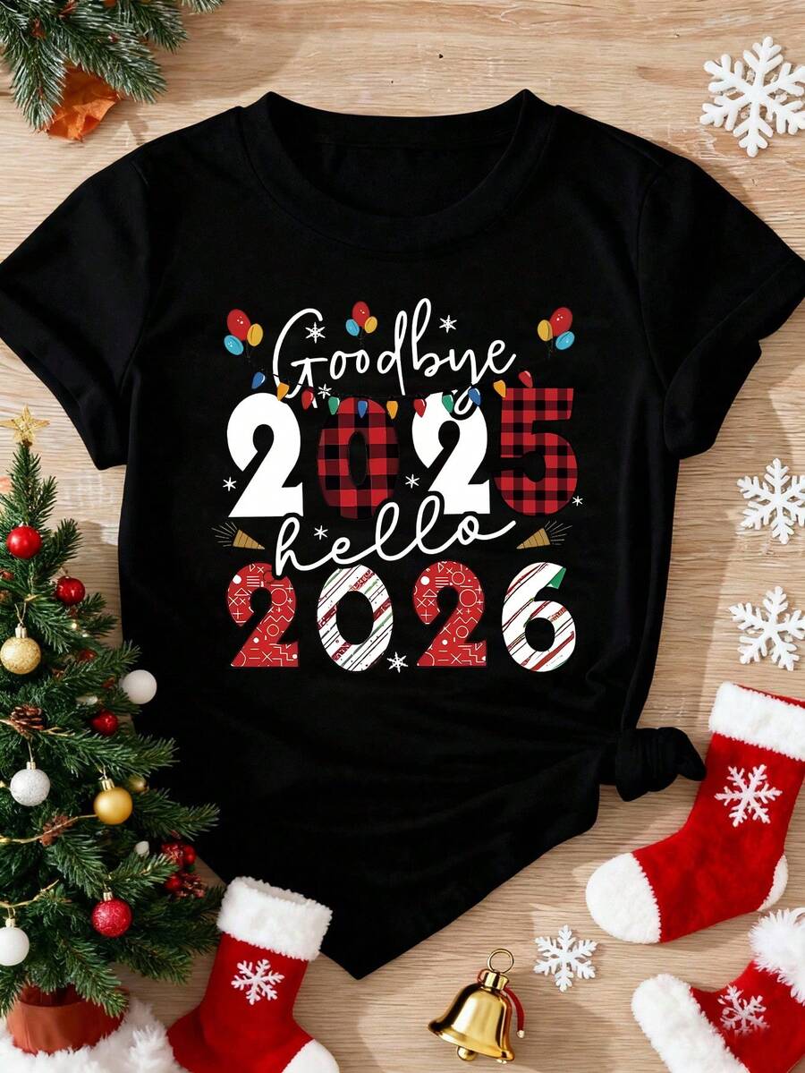 EMERY ROSE 女士圆领新年字母印花短袖T恤 - 黑色 - 查看 1