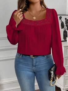 EMERY ROSE Plus Size Plain Simple Daily Wear Square Collar Long Sleeve Shirt Fall - Burgundy - View 5
